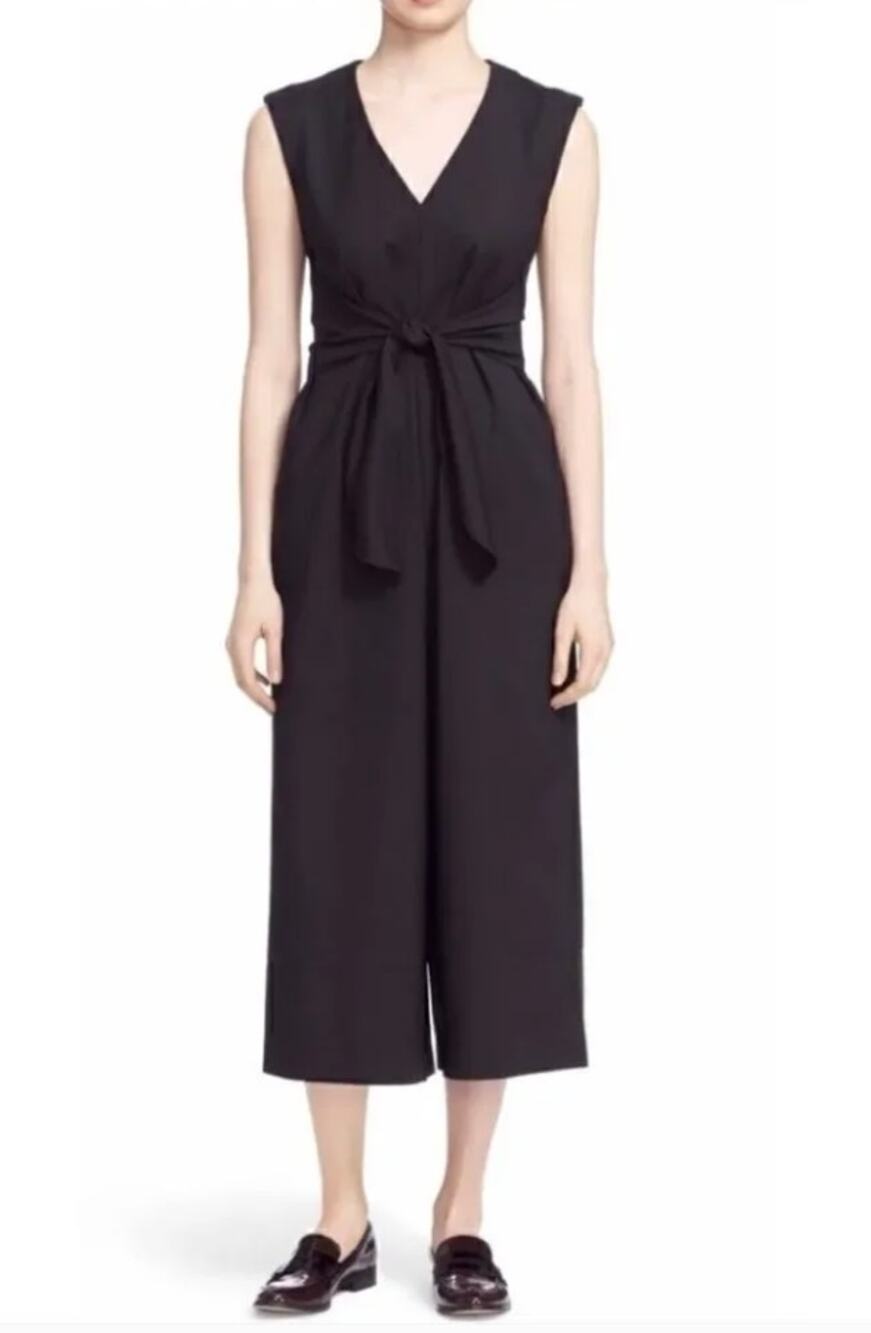 Tibi Jumpsuit 2 Sleeveless Black Bow V Neck Front Tie Wide Leg Crop Luxury Work